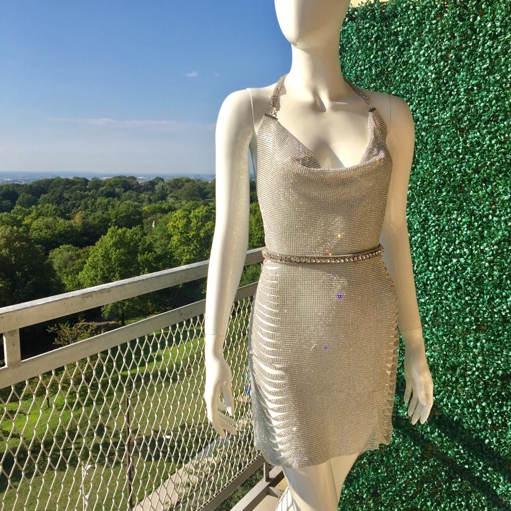 Plunge Crystal Chain Dress - Silver